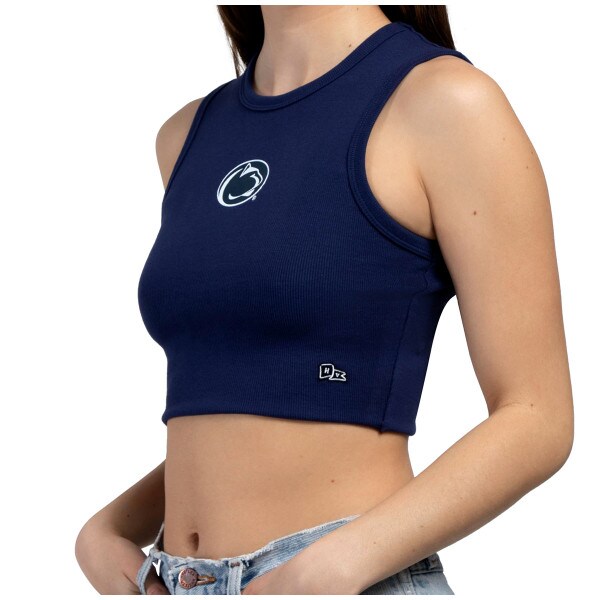 model with women's Hype and Vice navy cut off crop top tank with Penn State Athletic Logo